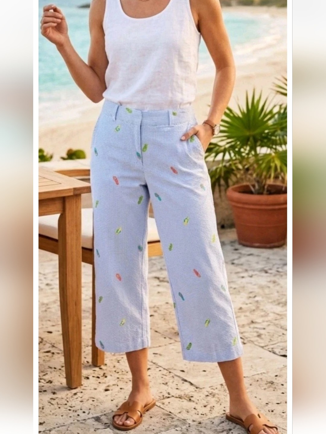 J G Hooks Striped Cropped Relaxed Pants Embroidered Flip Flops Coastal Preppy 10